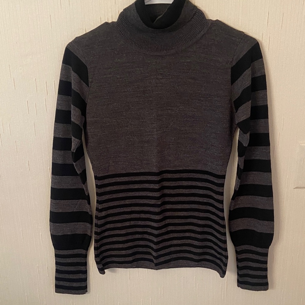 Stylish Women's Charcoal and Black Striped Turtleneck Sweater